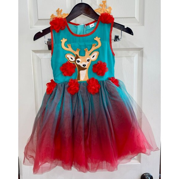 New Girls Bebe Tulle Deer Dress With Floral Embellishments Size 6T Teal & Red Om - Picture 1 of 6